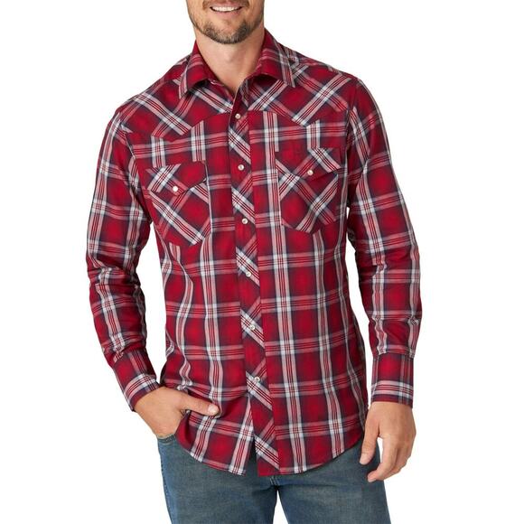 Wrangler Size 3XL Plaid Long Sleeve Western Snap Button Shirt Red Cotton Blend - Picture 1 of 6
